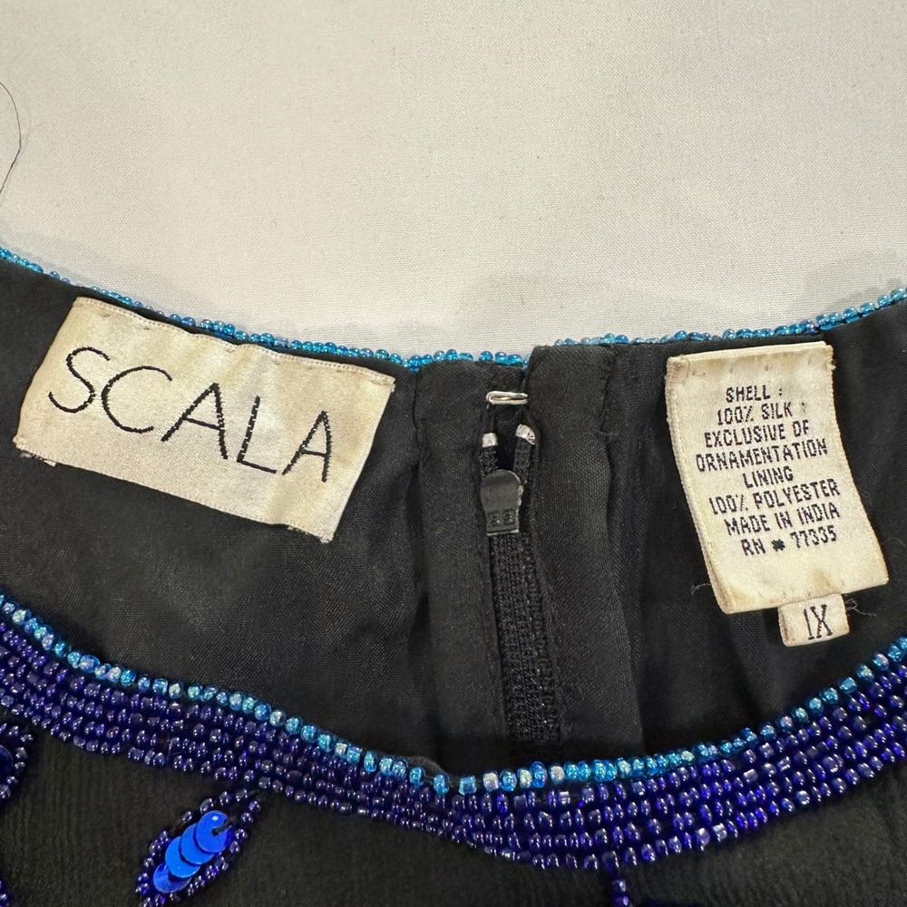 Scala Silk Beaded Top 1X Black Blue‎ Floral Sequin Scalloped Blouse Vintage - Picture 4 of 6